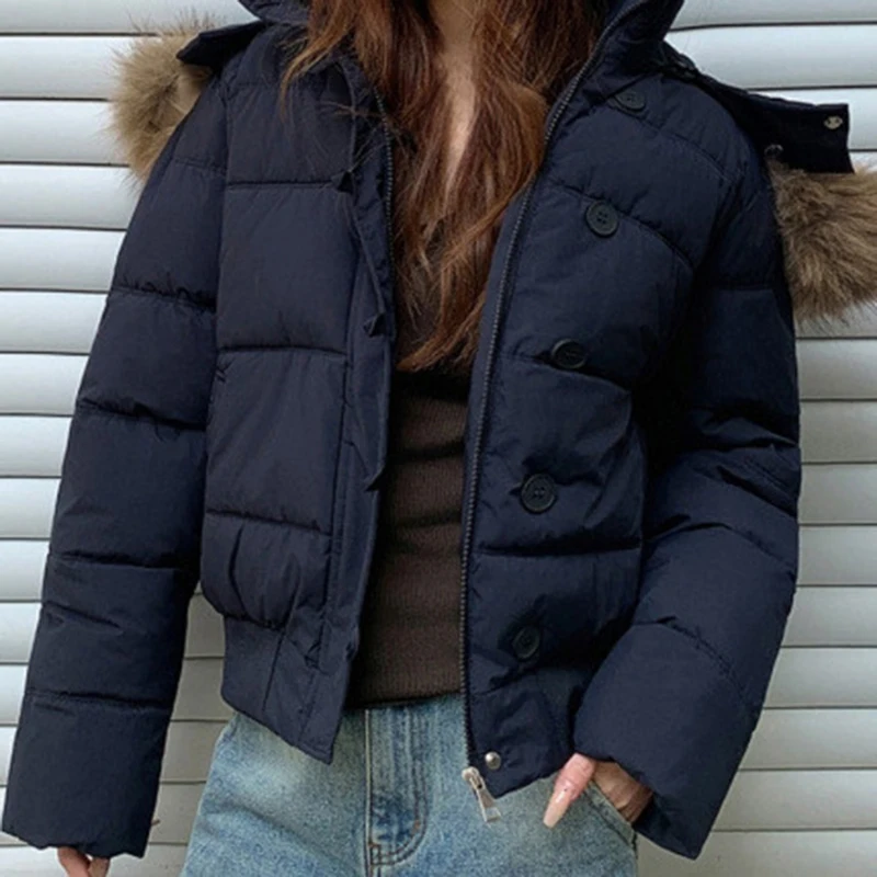 Women's Winter Warm Jacket Korean Thickened Big Fur Collar Hooded Outerwear Fashion Casual Detachable Short Cotton-Padded Coat