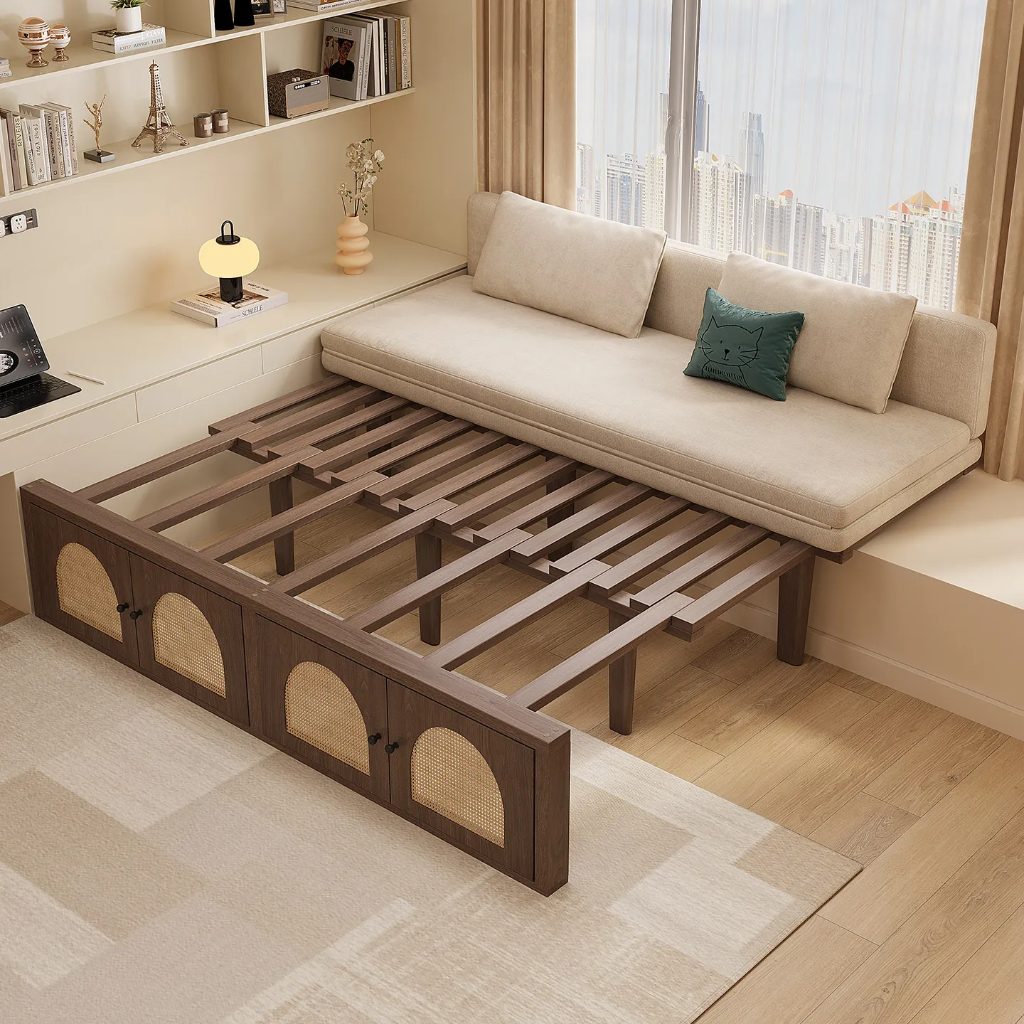 Three-fold bay window retractable solid wood bed with cabinet door Three-fold solid wood bed bay window transformation artifact