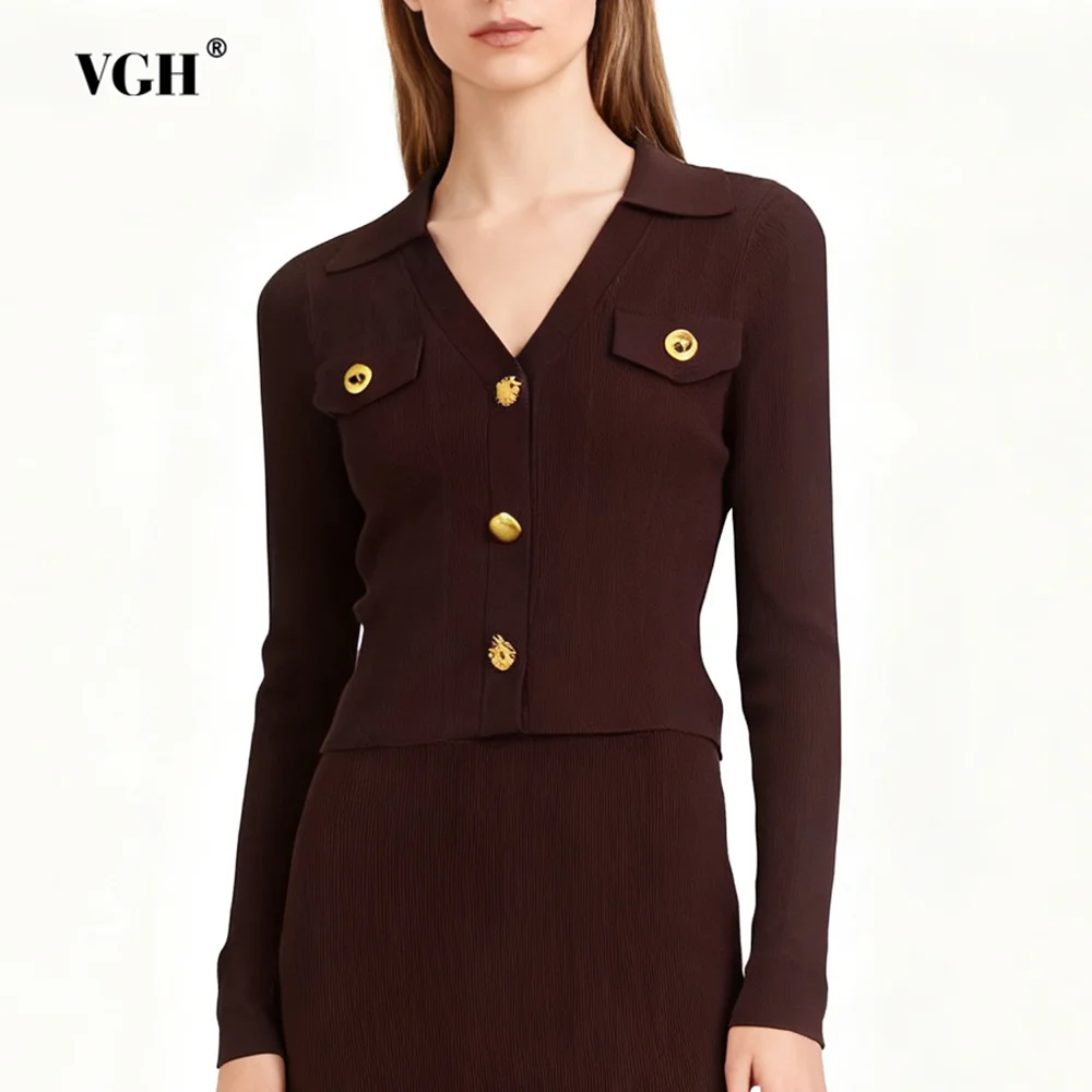 

VGH однотонные повседневные утягивающие вязаные свитера для женщин с v-образным вырезом и длинными рукавами на пуговицах, осенний шикарный женский свитер, новый