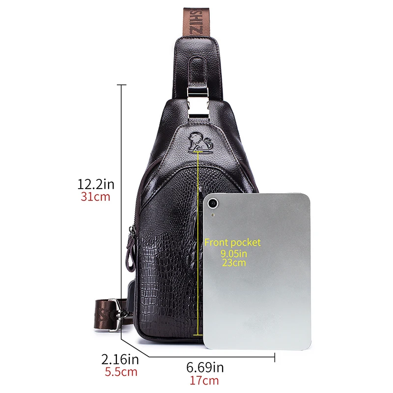 Men's new leather chest bag cowhide crossbody bag crocodile pattern crossbody bag large capacity with USB charging chest bag