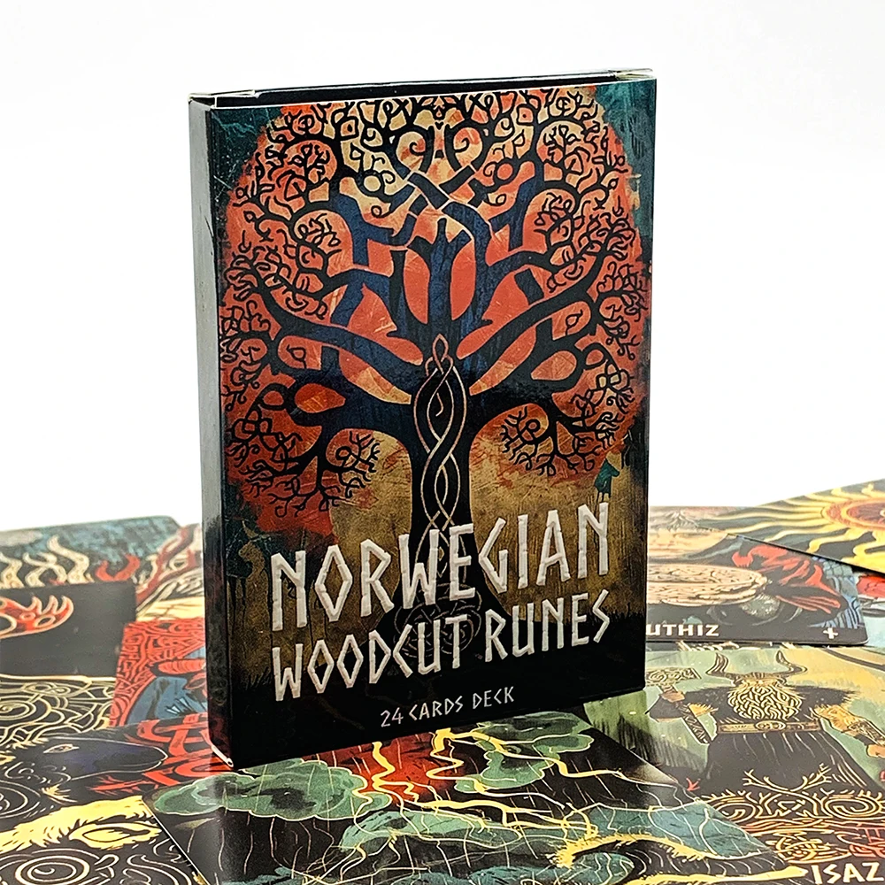 Cartes Oracle des Runes en Gravure sur Bois Norvégienne, Jeu de 24 Cartes sur le Thème de la Mythologie Nordique, Divination, Jeu de Cartes de Devination, Jeux de Société