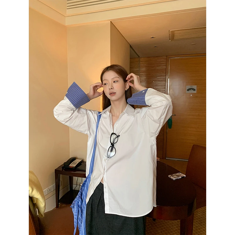 

Elegant White Shirts Women Fashion Oversized Plaid Patchwork Blouses Ladies Streetwear Korean Long Sleeve Casual Design Tops New