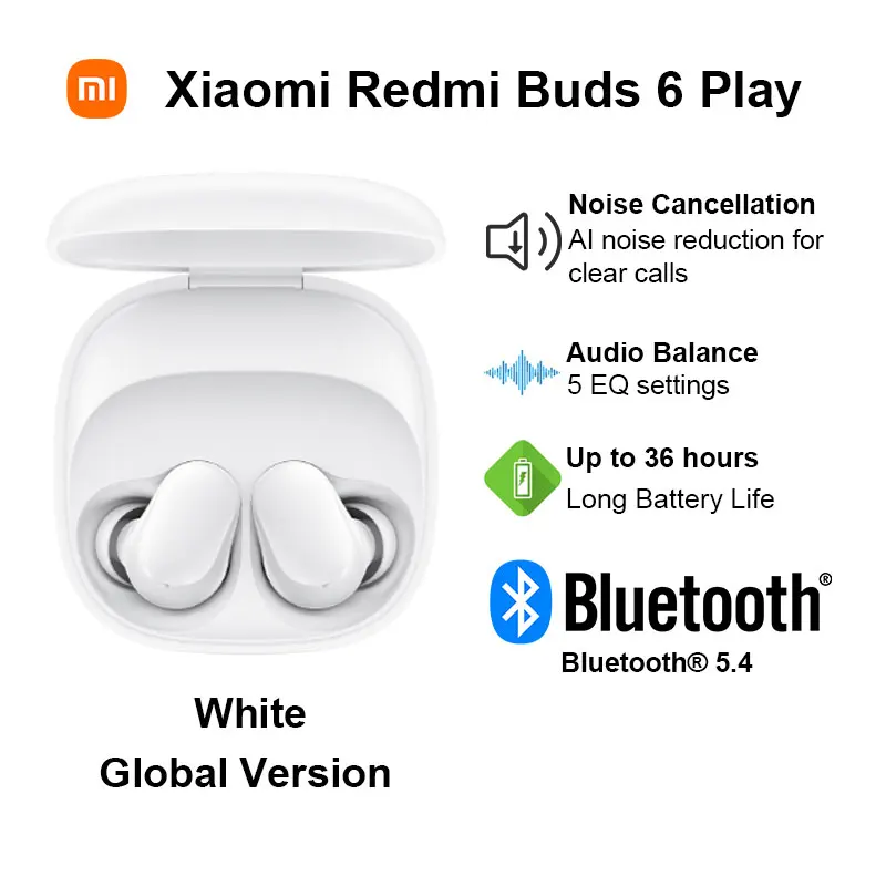 Xiaomi Redmi Buds 6-play draadloze Bluetooth-oortelefoon, AI-ruisonderdrukking, draadloze oortelefoon met aanraakbediening, lange uithoudingsvermogen BT5.4