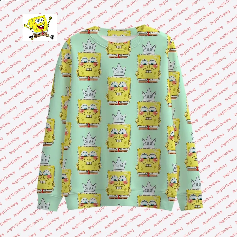 2023 Autumn New Harajuku Street Fashion Casual Tops Round Neck Pullover Children\'s Cute Spongebob Animation Printed Pullover