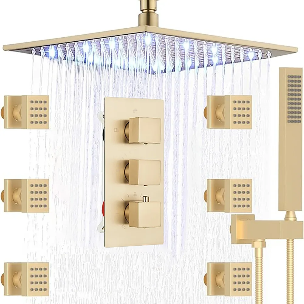 

12 in LED Brushed Gold Rain Shower Fixtures Combo System with Massage Jets