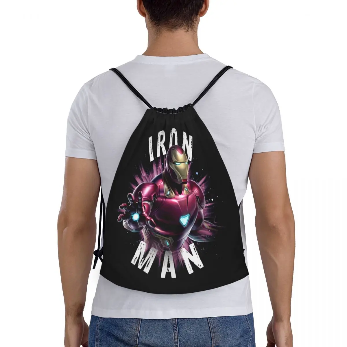 Ransel tali serut Iron Man untuk pria wanita ransel olahraga Gym dapat dilipat tas belanja karung kustom