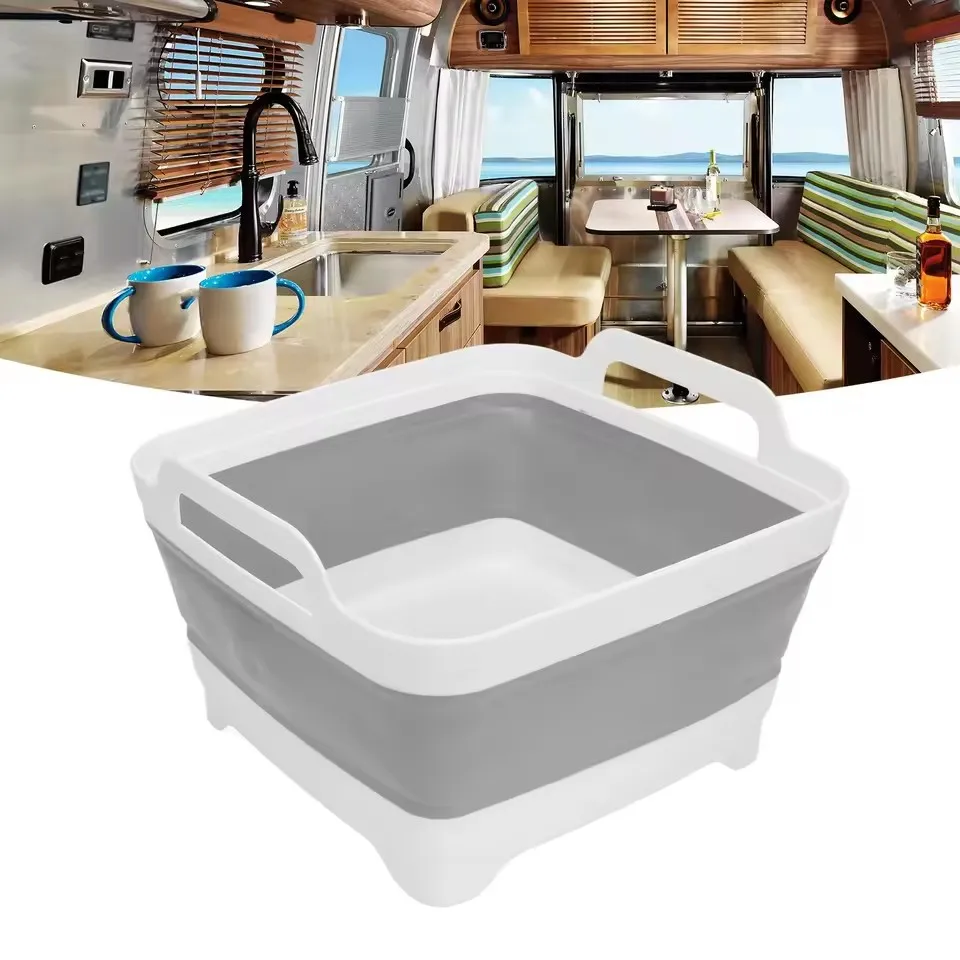 Bañera de lavandería plegable RV, lavabo de platos plegable, bandeja de almacenamiento de cocina con tapón de drenaje, mango lateral para Campervans RV