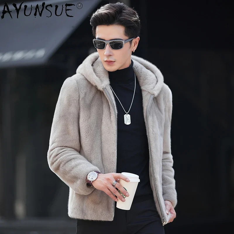 

AYUNSUE Natural Fur Coat Hooded Men's Winter Jackets 2023 Luxury Real Mink Fur Jacket Casual Fur Coats Abrigos Invierno Hombre