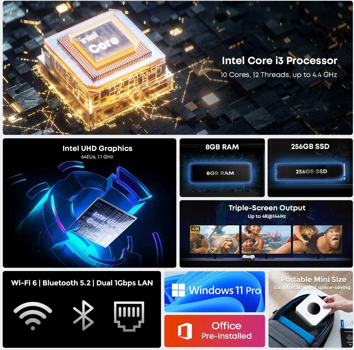CHUWI LarkBox X Mini PC Intel i3-1220P Game PC UHD Graphics Processors 8GB RAM 256GB SSD WiFi 6 Desktop Mini Computer