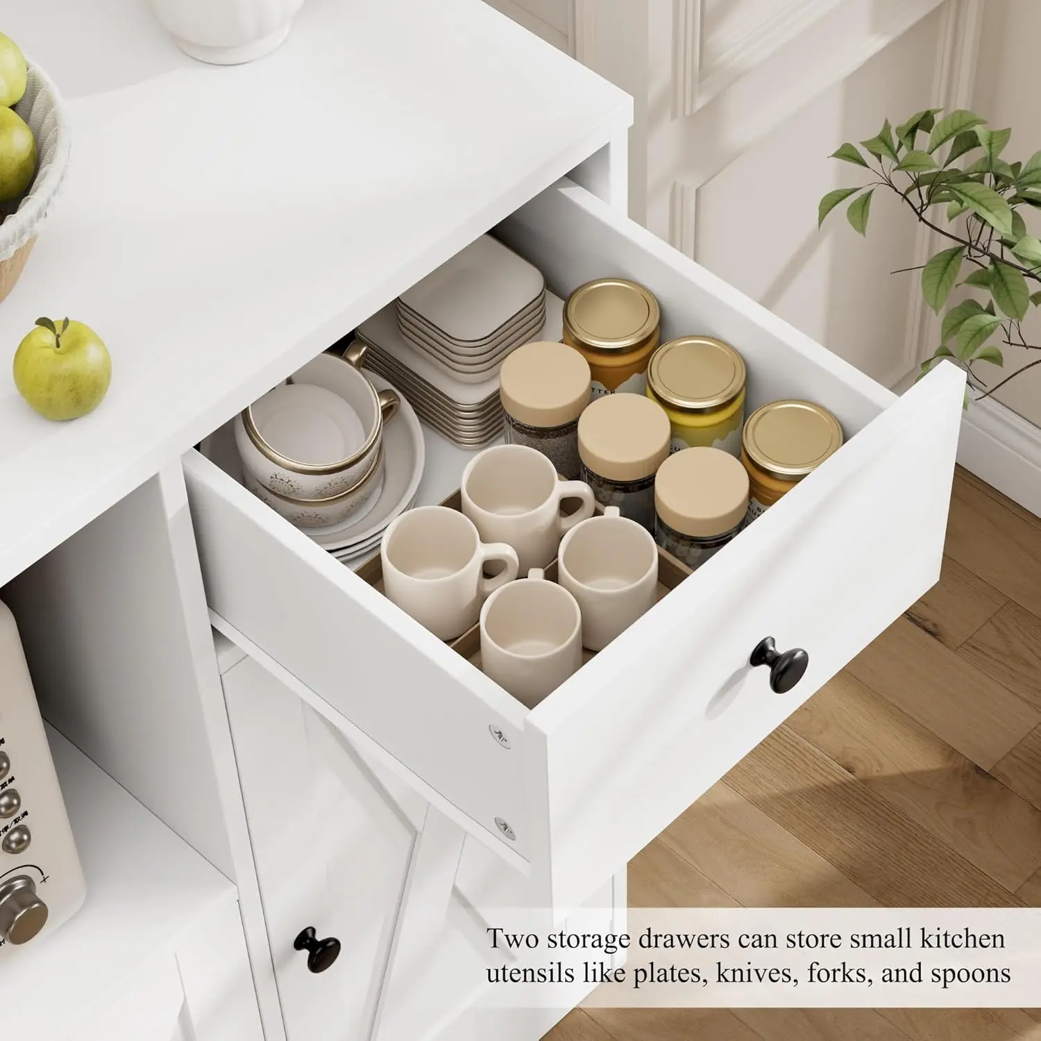 Armoire à micro-ondes 47' avec station de recharge, buffet de cuisine blanc avec tiroirs et étagères