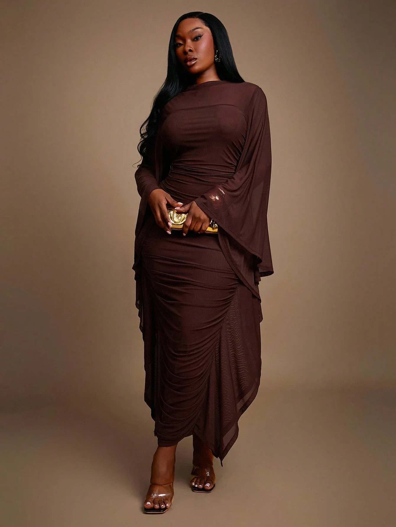 

Plus Size Women Elegant Mesh Pleated Bodycon Goddess Dress Batwing Sleeve Coffee Brown