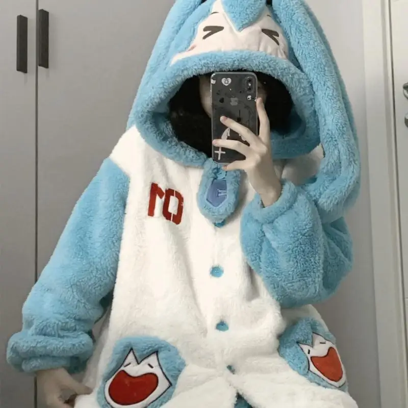 Kawaii Hatsune Miku Coral Fleece Pajamas Anime Cartoon Winter Thick Flannel Loungewear Set Student Hatsune Warm Dressing Gown