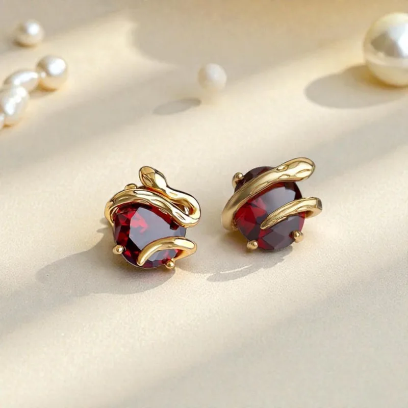 Vintage Gold Color Snake Serpent Wrap Design Stud Earrings Deep Wine Red Style Jewelry for Men and Women's Daily Wear Party Gift
