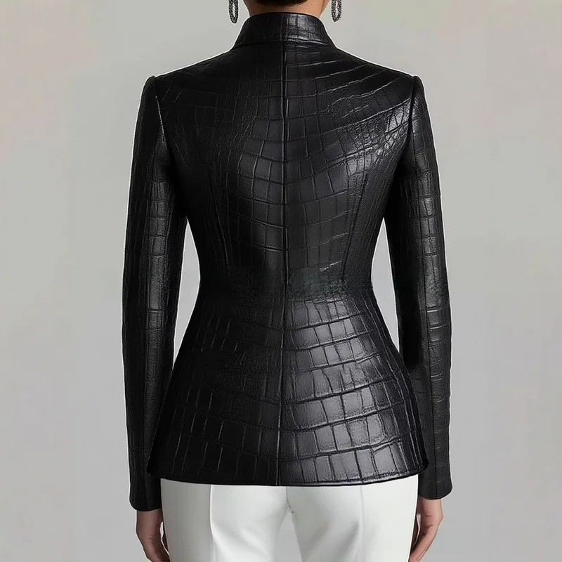 QICHE Women 2026 Textured Fitted Long‑Sleeve Croc‑Pattern PU Leather Blazer Elegant Casual Outerwear