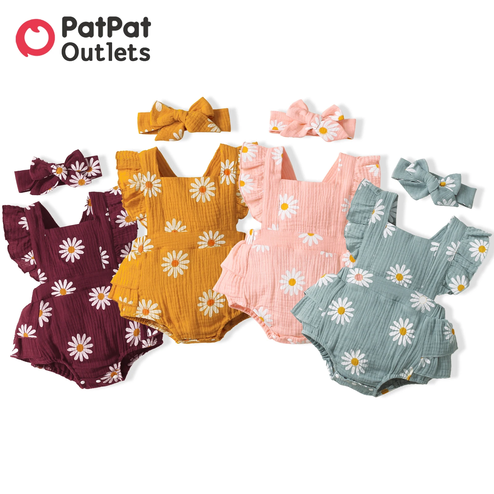 PatPat 2pcs 100% Cotton Summer Cute Baby Girl Clothes Infant Jumpsuit Daisy Print Crepe Fabric Baby Romper with Headband Set