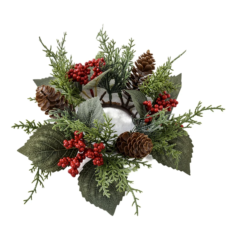 Christmas Candlestick Wreath Artificial Berry Pinecone Garland Candle Ring Green Leaves Wreath Xmas Party Home Table Decorations