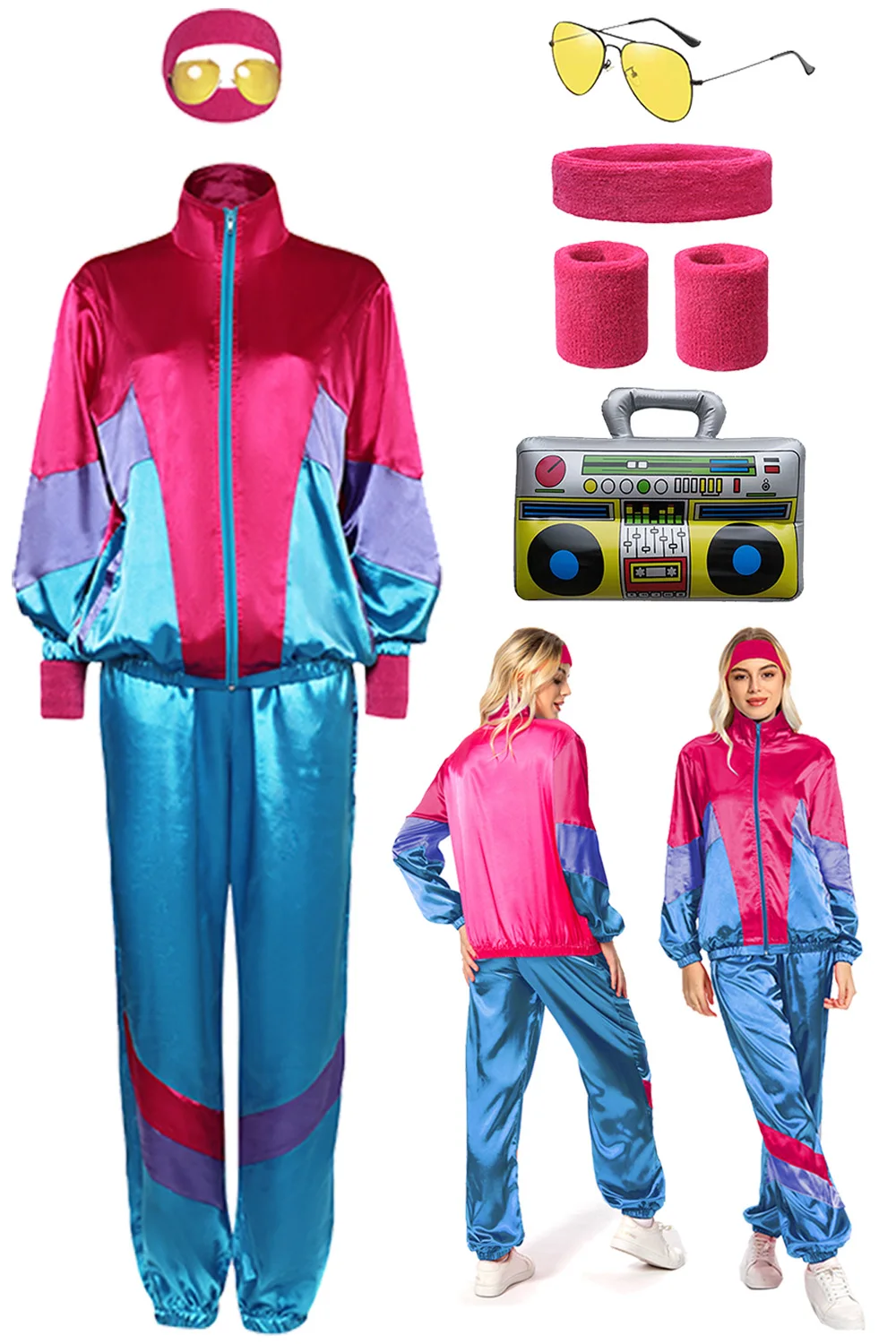 

7PCS 80s Retro Hip-hop Cosplay Tracksuit Costume Female Vintage Pink Blue Sportsuits Headband Glasses Unisex Halloween Suit