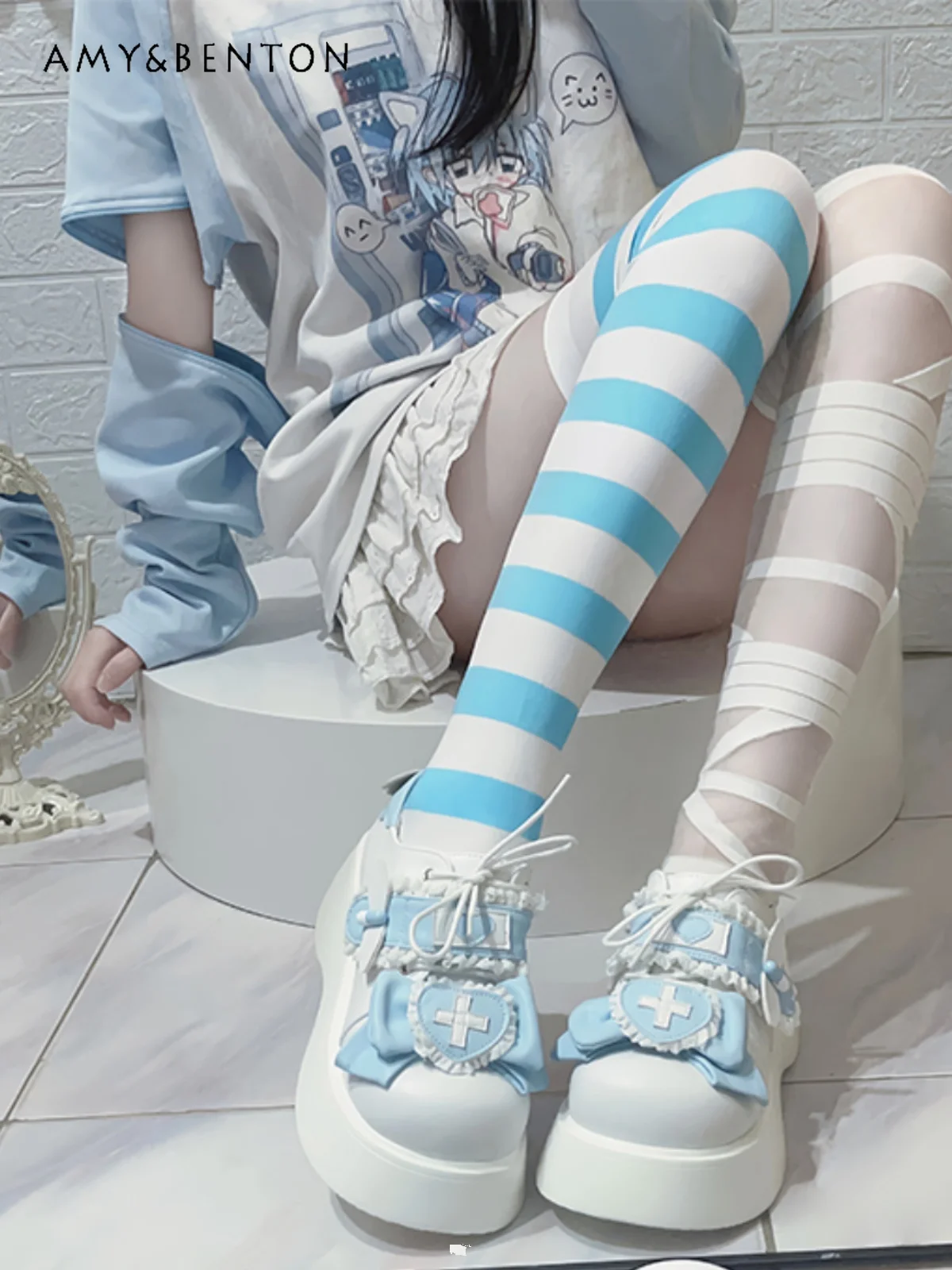 Original Round Toe Lace-up Lolita Shoes Japanese Cute Sweet Platform Heels Harajuku Kawaii Color Matching Leather Shoes Students