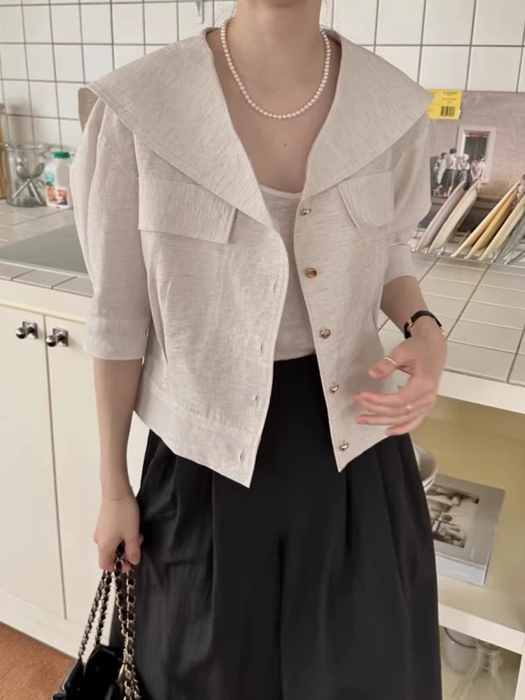 Clothland Women Fashion Summer Thin Jacket Sailor Collar Three Quarter Sleeve Basic Fashion Casual Coat Mujer CB092