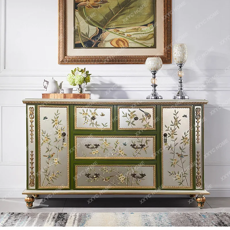 

Light luxury solid wood carving painted dining side cabinet retro style living room entrance cabinet