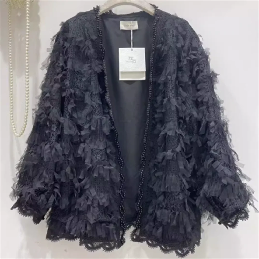 New loose nail beaded lace spliced cardigan jacket women black white Tassel coat