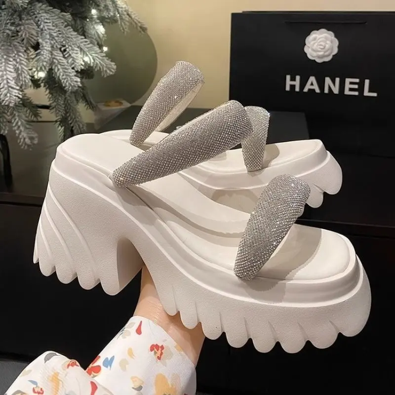 

NEW Fashion Bling Sandals Women Summer Breathable Wedges High Heels Ladies Crystal Beach Slippers Chunky Shoes Fashion Pumps 40