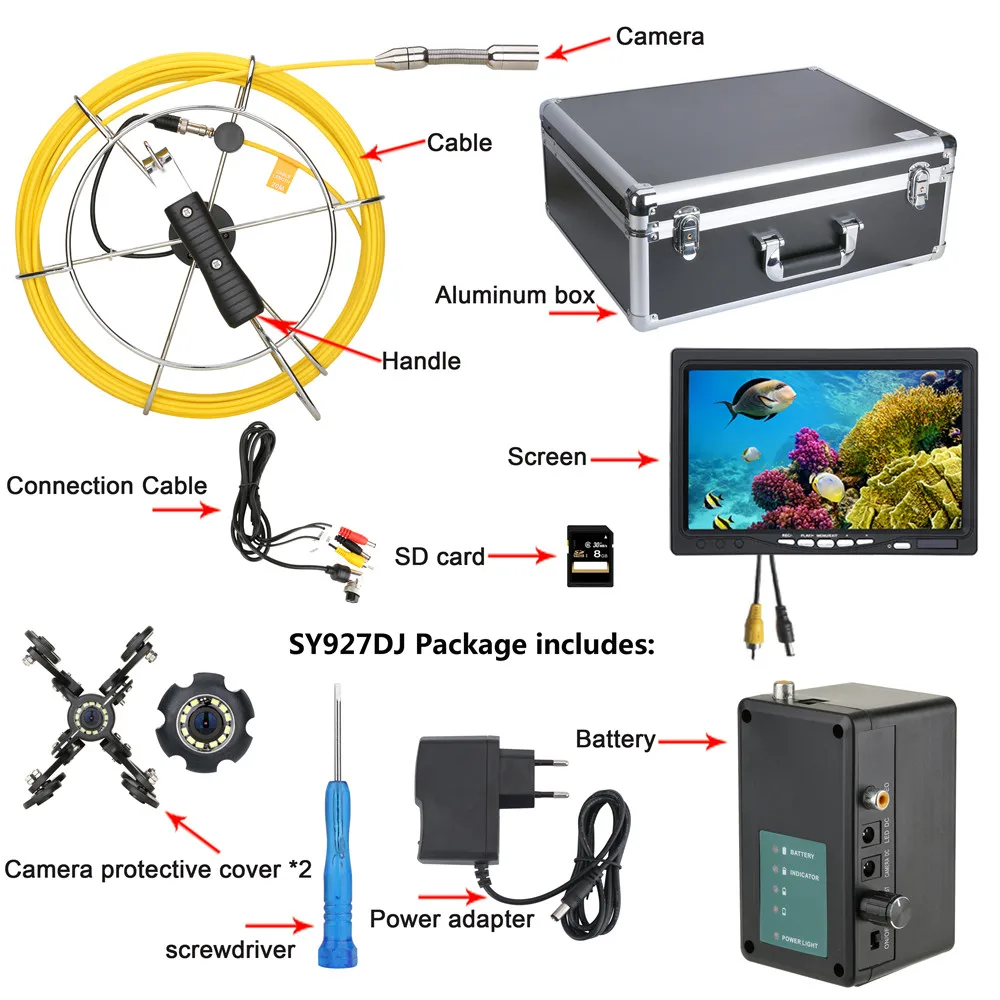 20M-50M Cable with Meter Counter Sewer Pipe Inspection Cameraa Drain Sewer Pipeline Industrial Endoscope DVR Video Recording