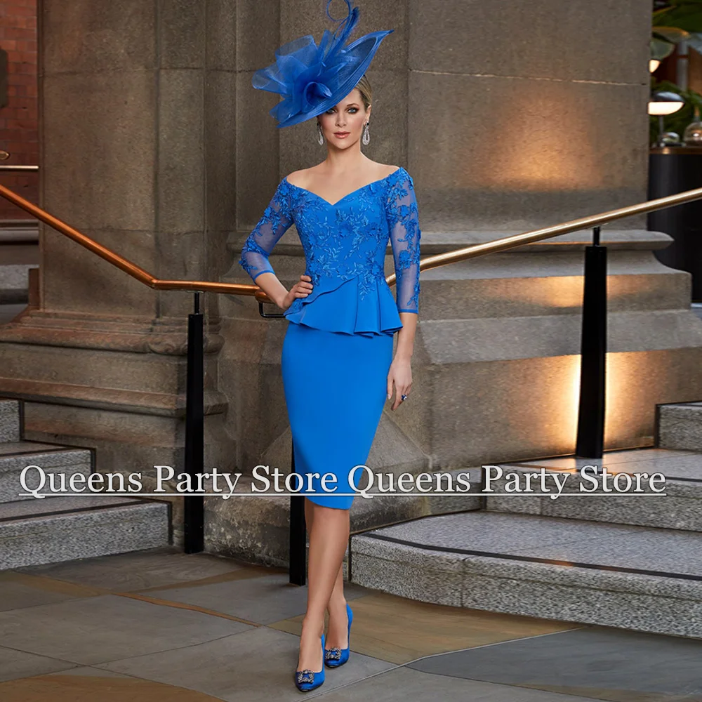 Robe bleue royale pour la mère de la mariée, sur mesure, col en V, manches 3/4, appliques, longueur de thé, gaine courte, robe d'invité de mariage