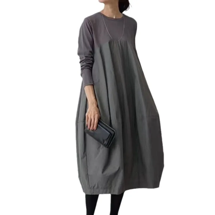 Długa sukienka dzianinowa na jesień i zimę z okrągłym dekoltem, rękawami patchworkowymi, maxi, w stylu koreańskim, codzienna moda damska, długa sukienka 2025