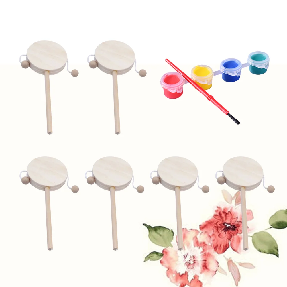 1 Set of 6pcs DIY -drum Wooden Unfinished Painting Shaking Drum DIY drum wooden pellet drum