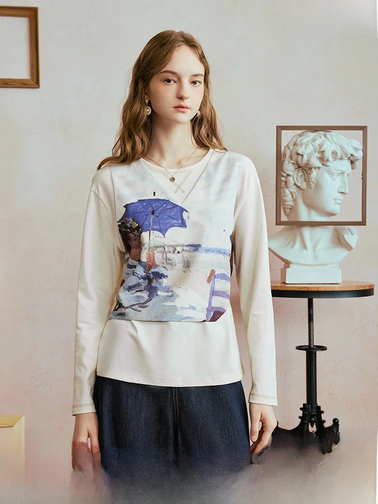 

Повседневная женская футболка с принтом и лоскутным шитьем, имитация двухслойности, осенняя новинка, из смесового хлопка и лиоцелла, с длинным рукавом и круглым вырезом