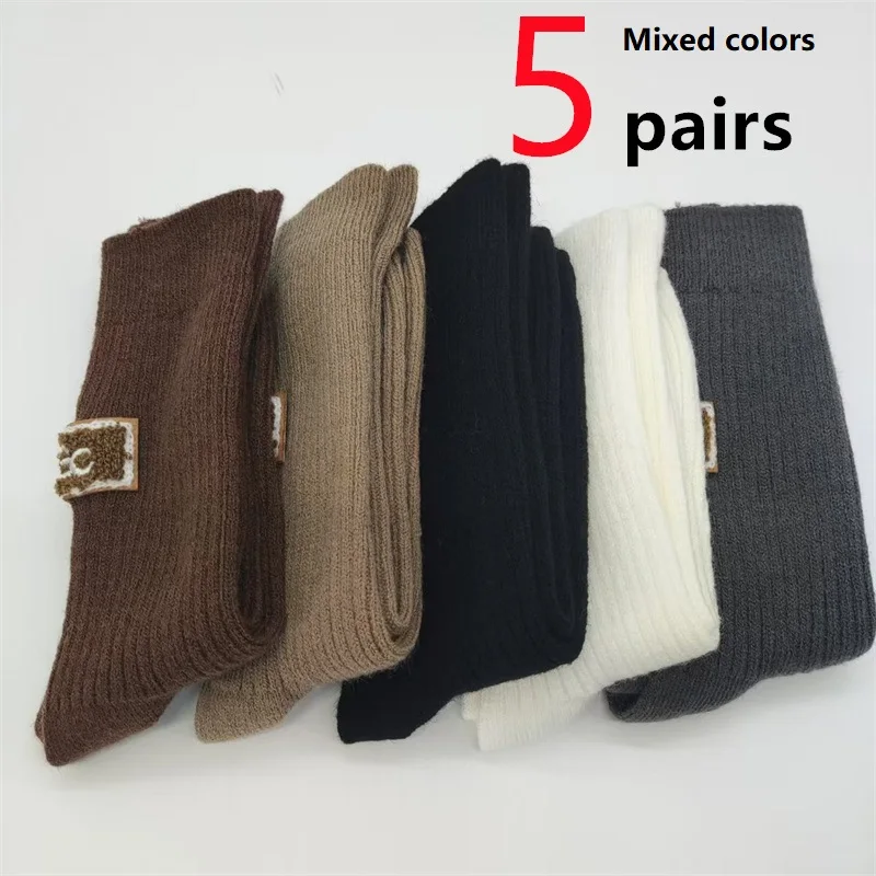 

1-5 Pairs Wool Socks Women Winter Cashmere Warm Thickened Mid-Tube Wool Socks Trendy Heel Furry Solid Lady Snow Boot Socks