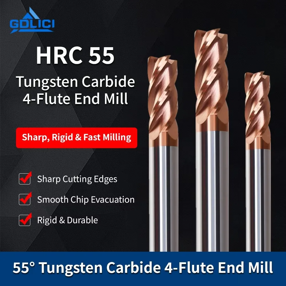4 Flute Extended Length Flat End Mill, HRC55 Coated Solid Carbide Milling Cutter For Steel CNC Roughing & Finishing Machining