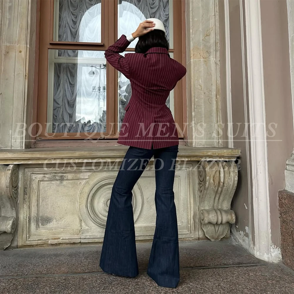 Customized Vintage Burgundy Stripe Women's Suits 2 Piece Jacket With Denim Pants Luxury Female Clothing Outfits Costume