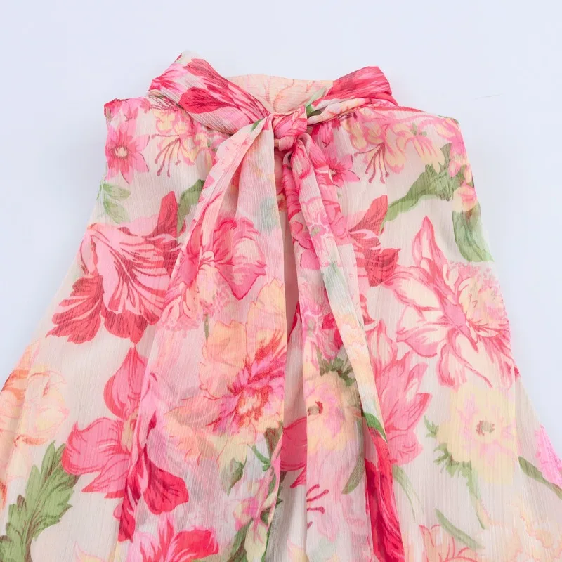 Vestidos longos estampados para mulheres, decoração em camadas, vestido midi, moda com cinto, sem mangas, vestidos de festa elegantes 2025