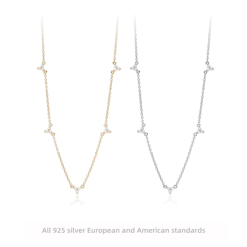 

Euro-American New 925 Sterling Silver Women's Clover Necklace, 3 Micro-Zircons, Minimalist & Versatile