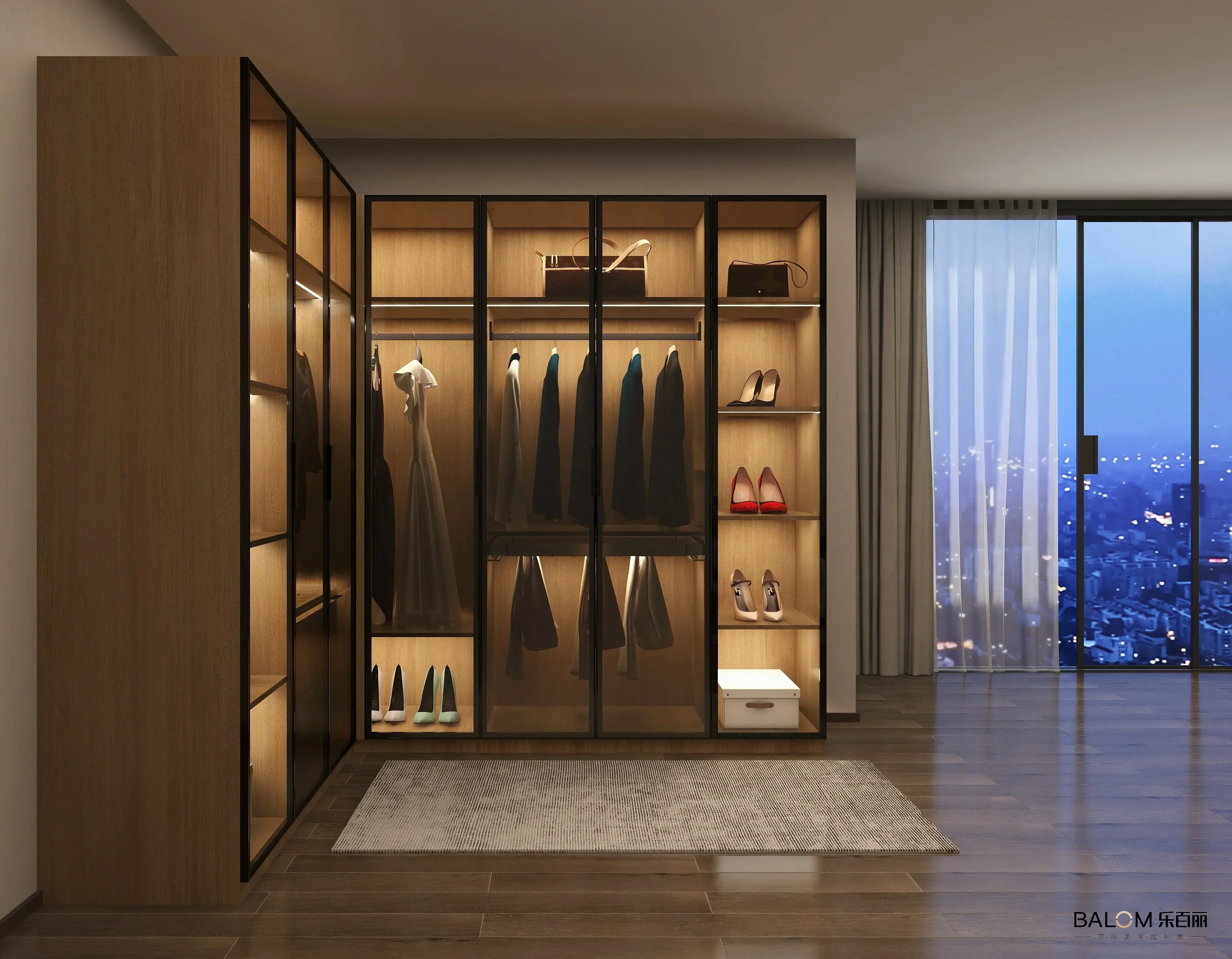 

AABedroom Walk In Closet Shape Wooden Wardrobe For Open Cloakroom With LED Light