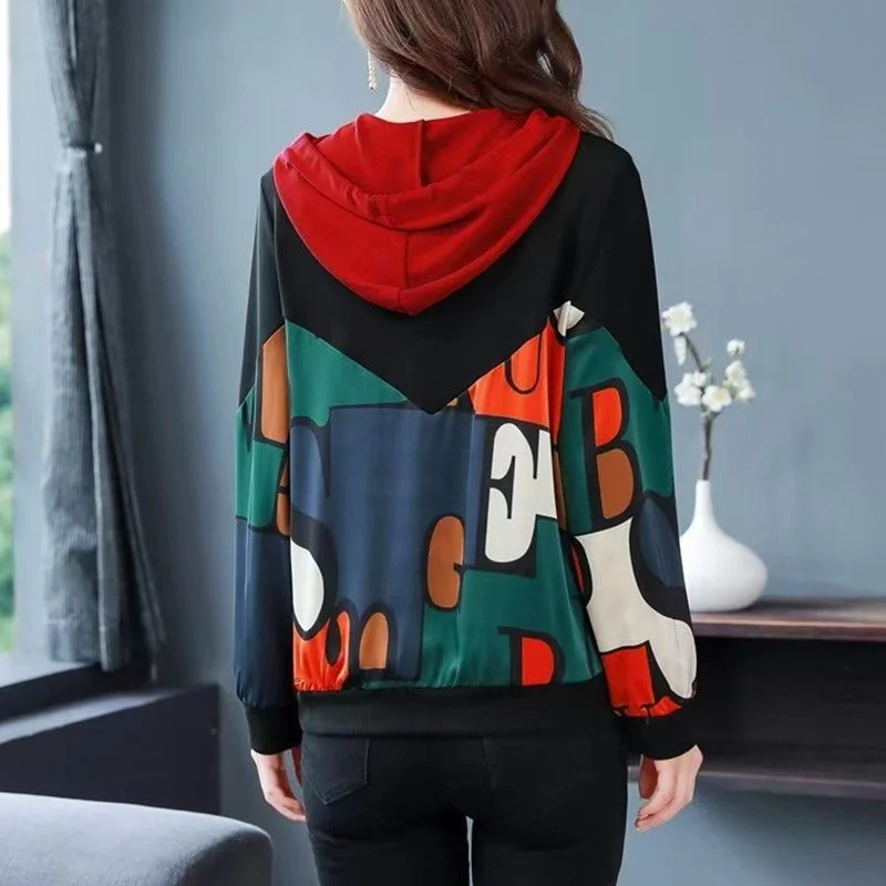 Popular Online Autumn Women Fashion Hoodie with Hot Diamond Splice Western Printed Loose Contrast Color Long Sleeve Sweatershirt