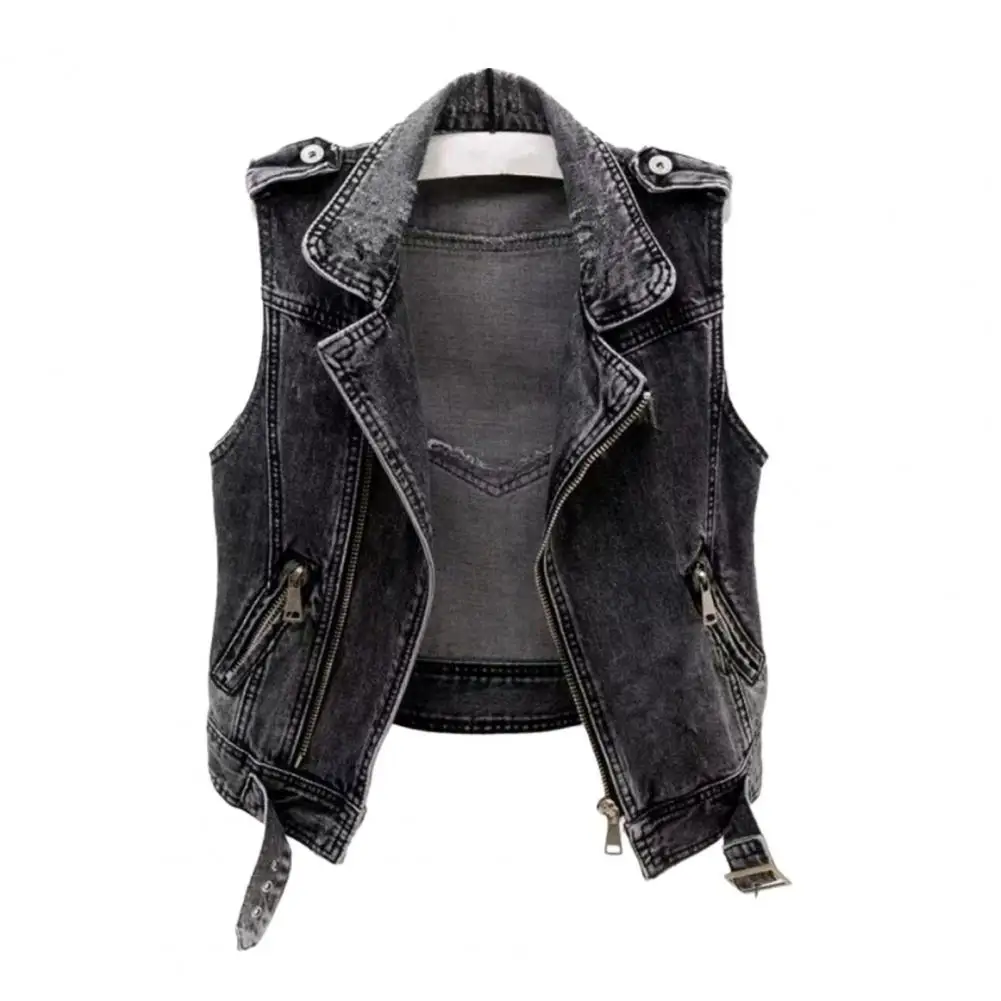 

Lightweight Women Vest Vintage Denim Vest with Zipper Pockets for Women Lapel Streetwear Waistcoat Plus Size Hop Style Autumn