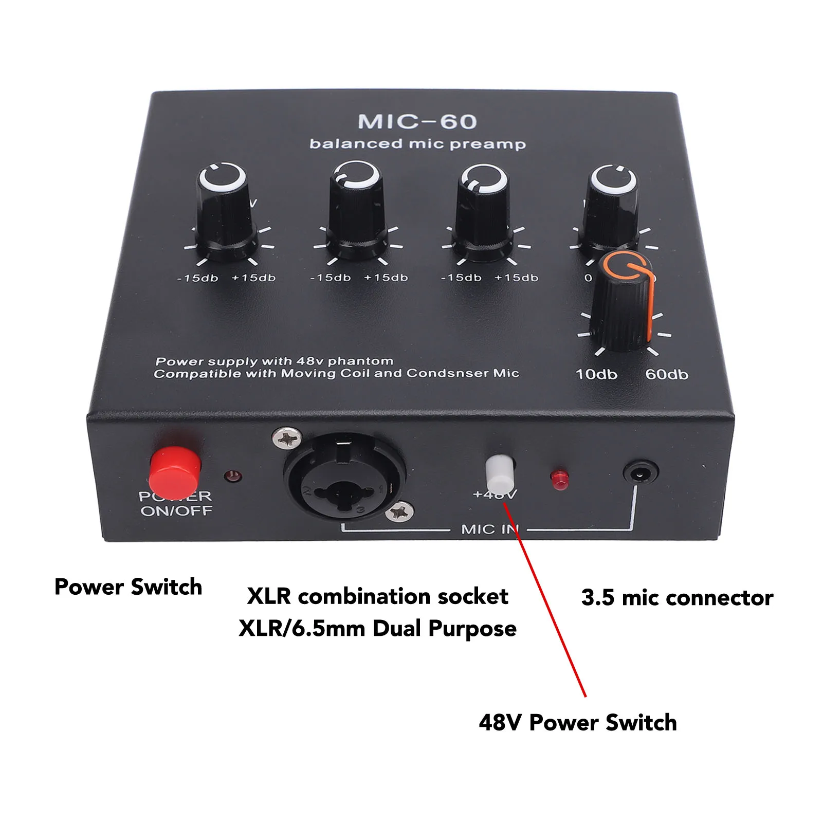 Balanced Mic Preamp 60db Gain Portable Enhance Sound Quality Aluminum Alloy Microphone Amplifier for Dynamic and Condenser Mic - view 3