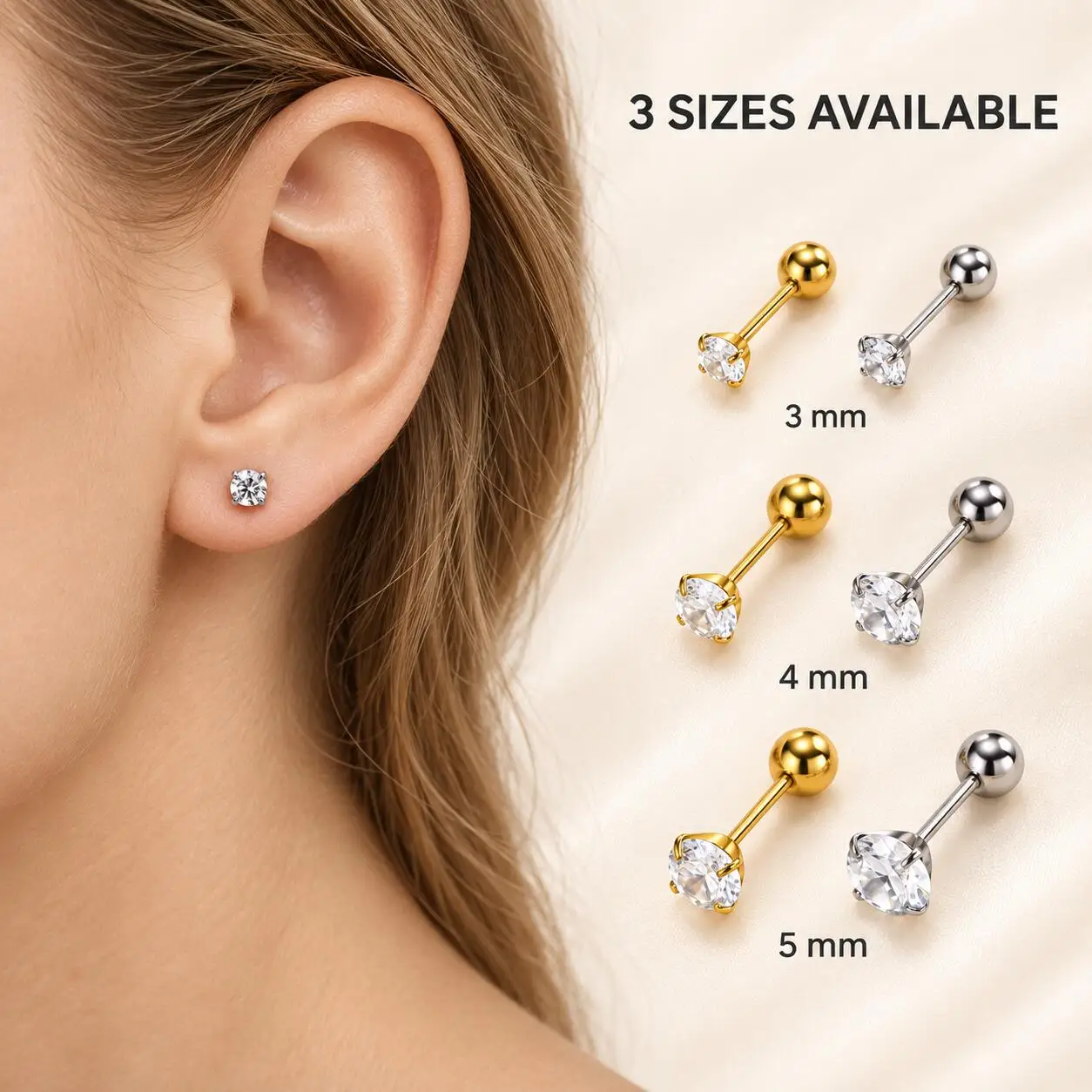 Round CZ Stud Earrings for Women, 3mm 4mm 5mm Cubic Zirconia Small Minimalist Piercing Wedding Party Jewelry