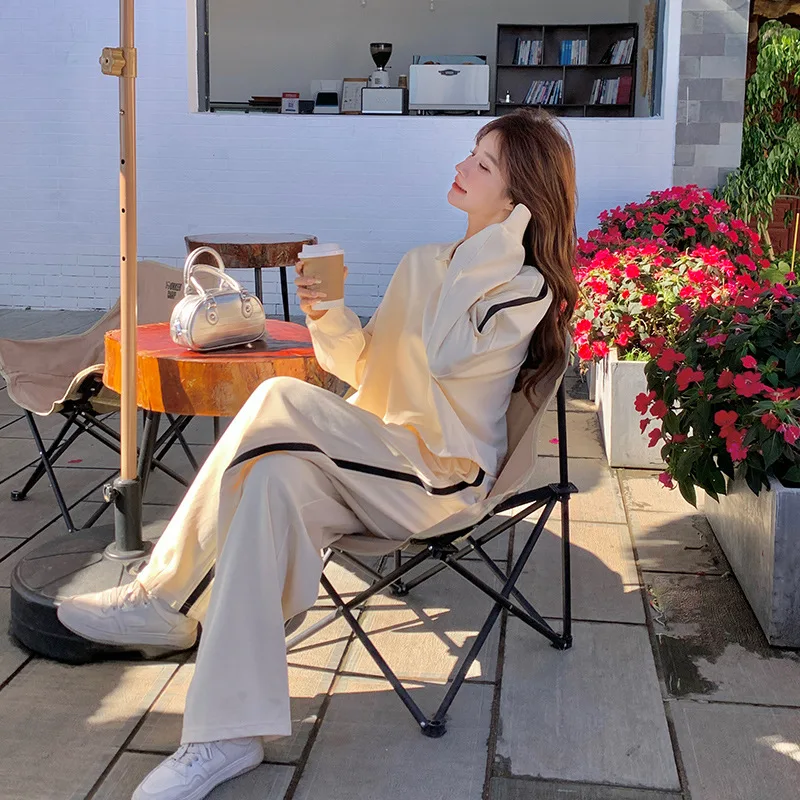 

Спортивный комплект из двух предметов, женский осенний комплект 2021, корейская версия, свободный и модный пуловер + повседневный комплект с прямыми брюками