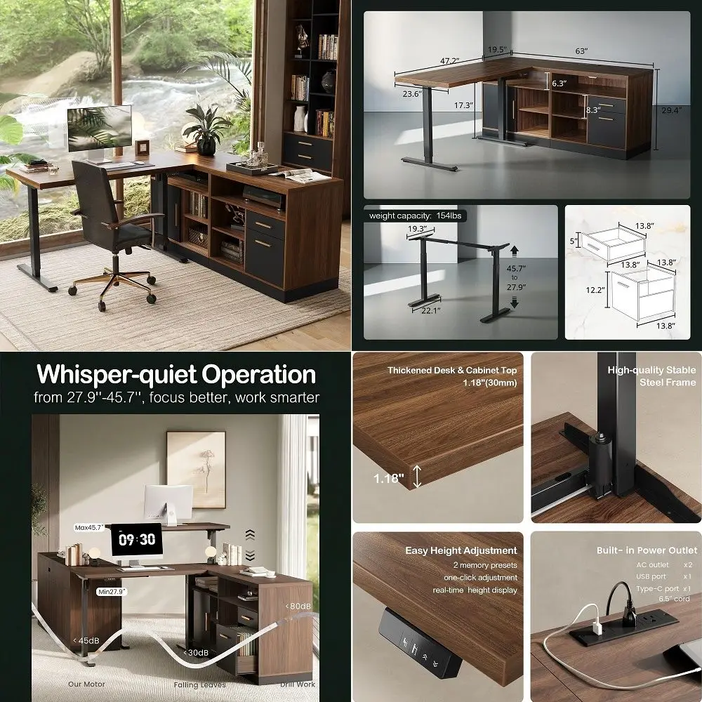 

67 L Shaped Standing Desk, Electric Adjustable Height Executive Workstation for Home Office, File Cabinets, Builtin Outlets, En