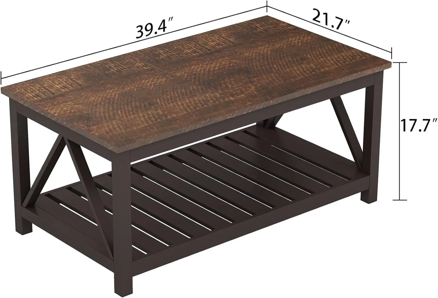 ChooChoo Farmhouse Coffee Table, Rustic Vintage Living Room Table with Shelf, 40 Espresso