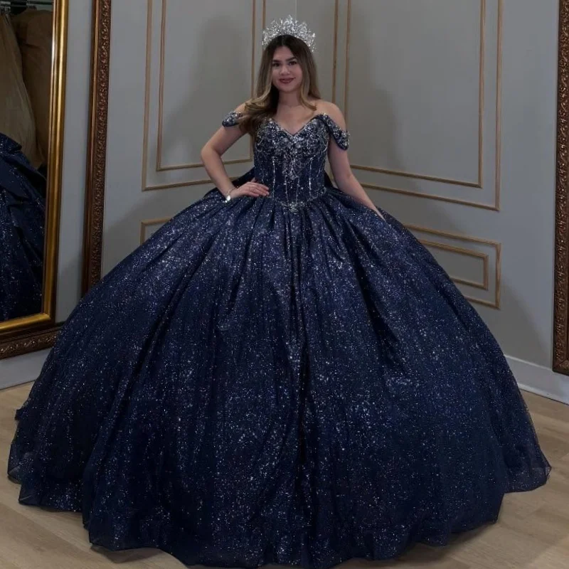 Navy Blue Shiny Princess Quinceanera Dresses Off Shoulder Beading Crystal Bow Tull Sweet 16 Dress Ball Gown Vestidos 15 De Anos