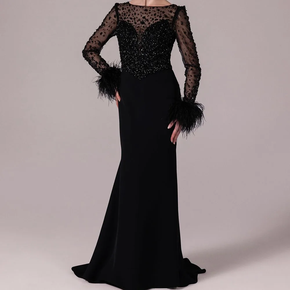 

Customized Mermaid Prom Dresses Floor-Length Scoop-Neck Full Sleeve Evening Gown Fashion Crystal Beading Feathers Party Gown