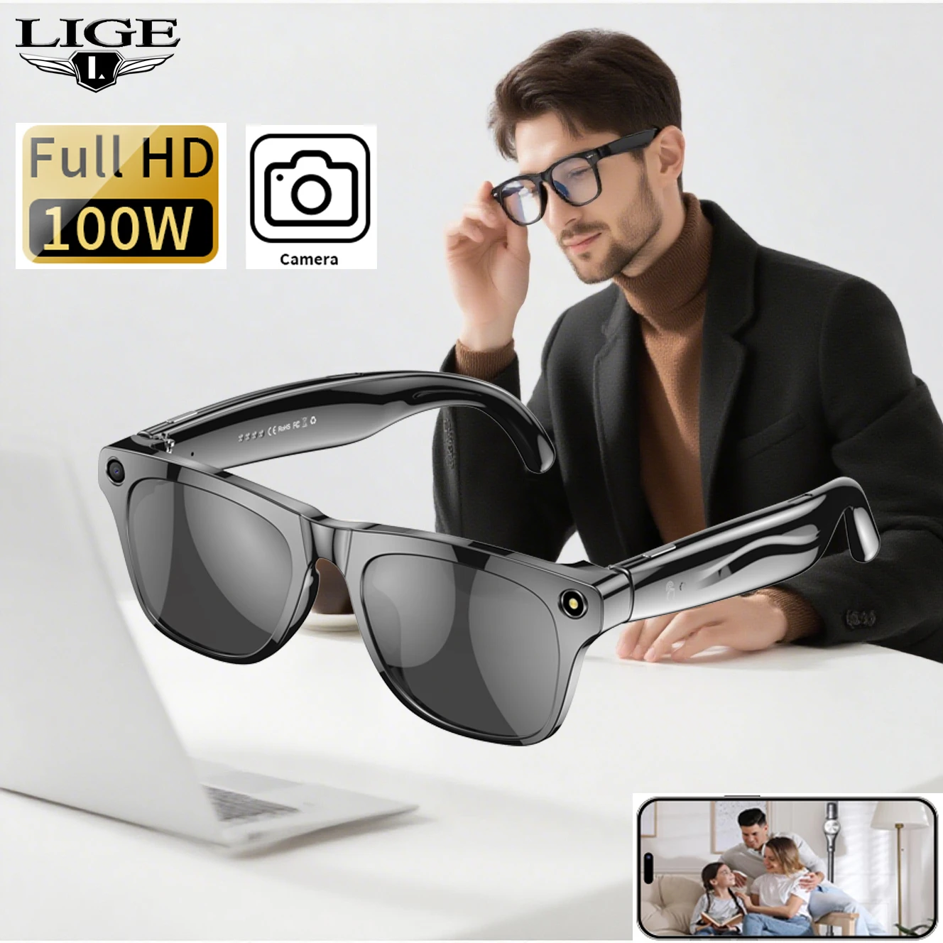 

LIGE Smart Glasses Camera Glasses Bluetooth Call Music Playback Touch Sunglasses Voice Assistant Video Sound Record AI Glasses