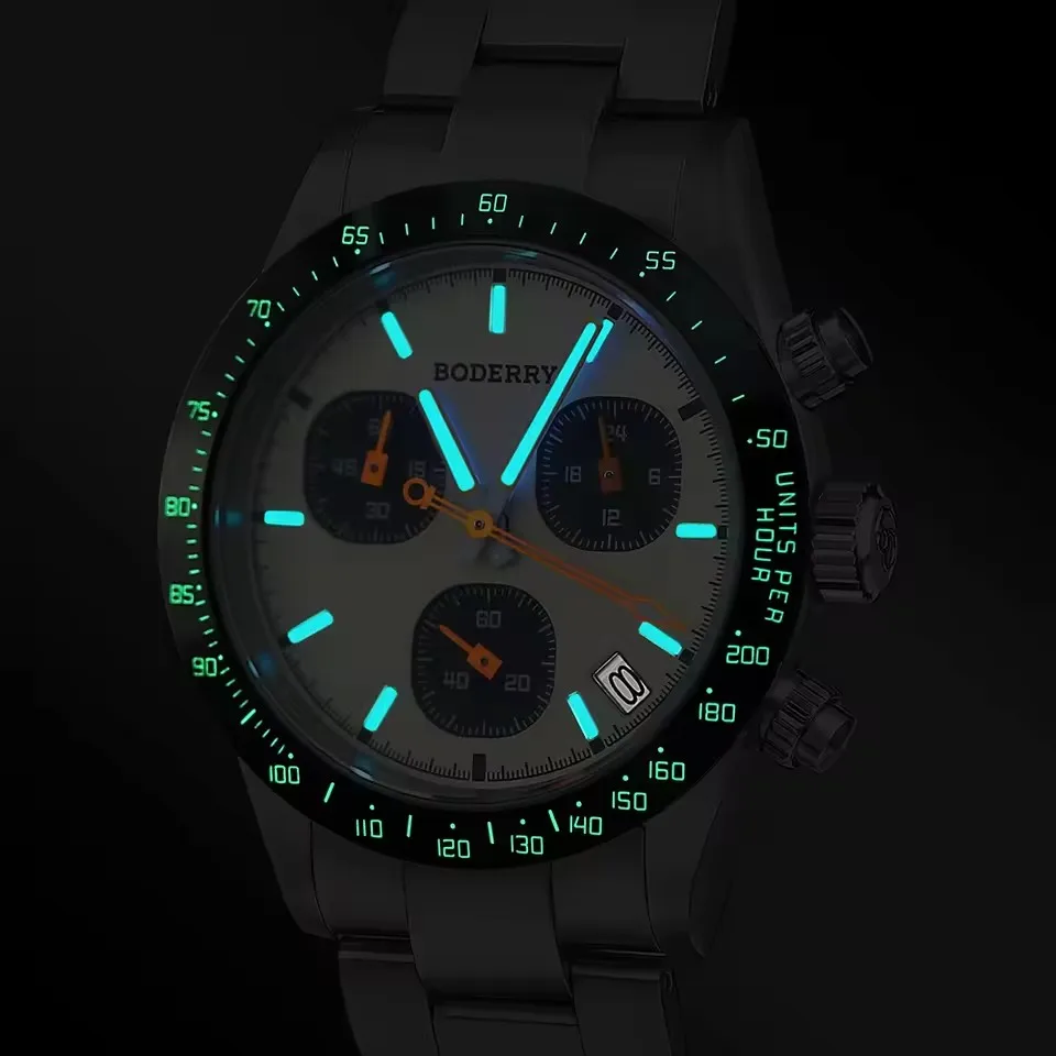 BODERRY ساعة كرونوغراف رجالية 40 مللي متر كوارتز ساعة اليد التيتانيوم حافظة وحزام 100 متر مقاوم للماء الياقوت مضيئة العسكرية VK68 Mov