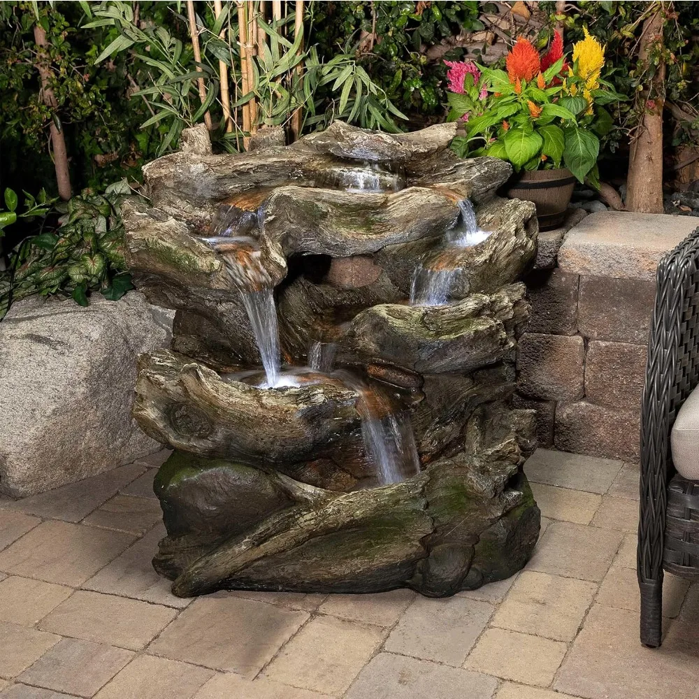 WIN756 Outdoor Floor Waterfall Fountain with LED Lights, Multi-Tier Rainforest Garden Fountain 32