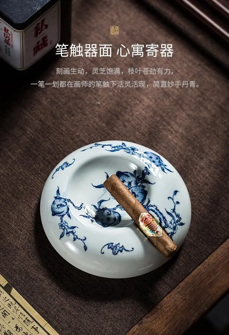Ceramic cigar tank blue and white hand-painted peach pattern office living room ashtray ornament